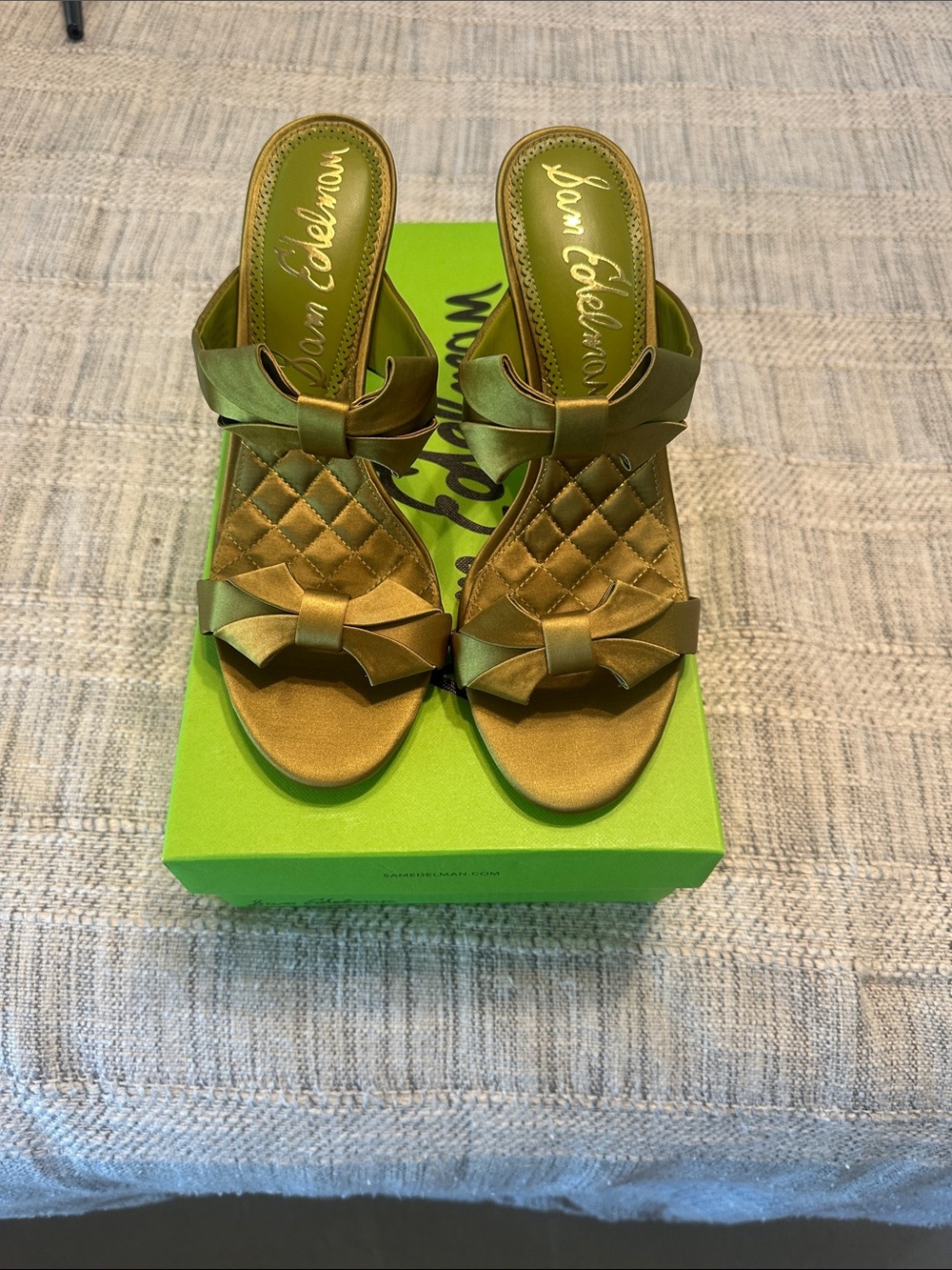 Sam Edelman Olive Green Satin Bow Slide Mules
